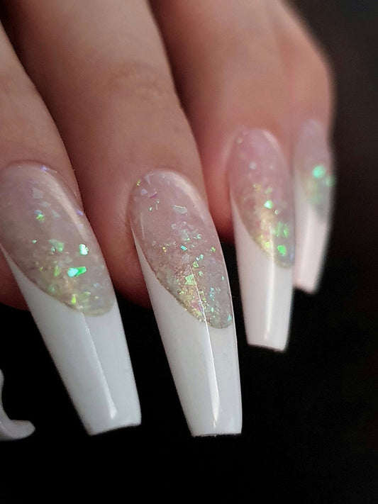 Long Coffin White French Press on Nails