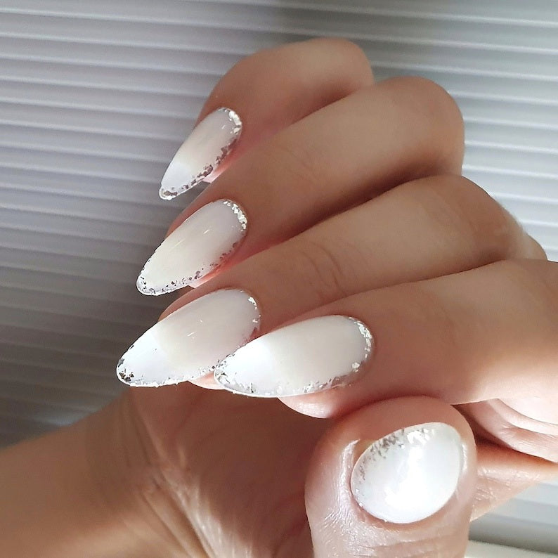 Milky White Press on nails with Silver Edging