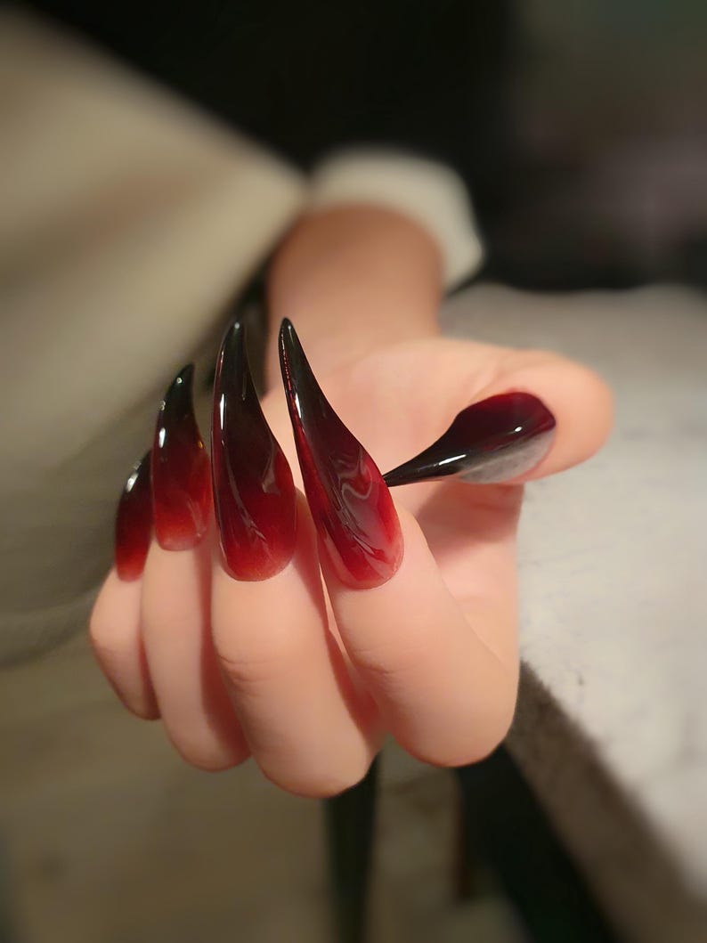 Long Red Witch Claw Nails with Black Tips