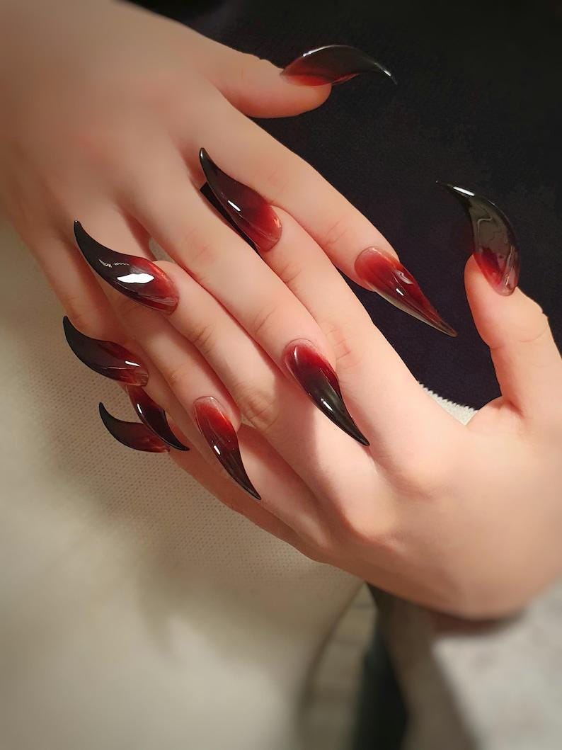 Long Red Witch Claw Nails with Black Tips