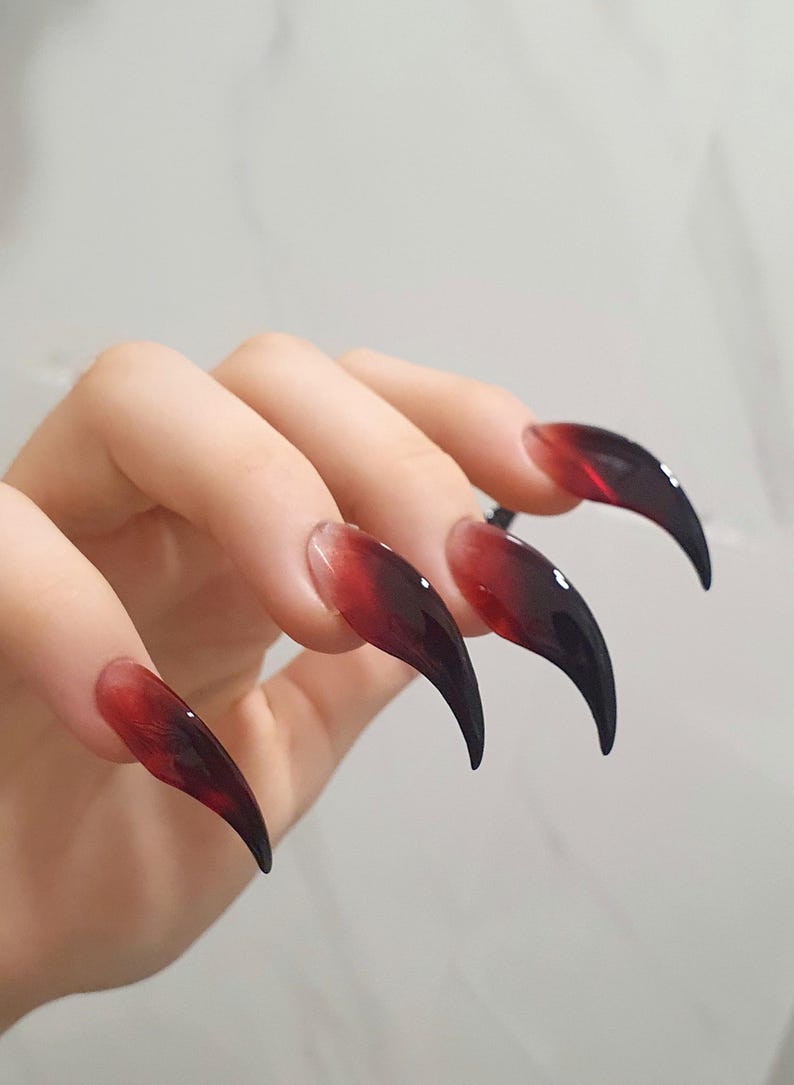 Long Red Witch Claw Nails with Black Tips