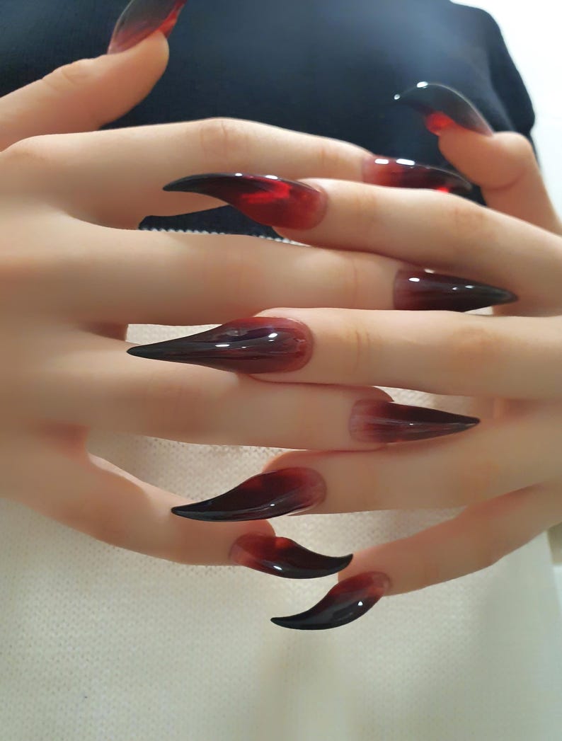 Long Red Witch Claw Nails with Black Tips