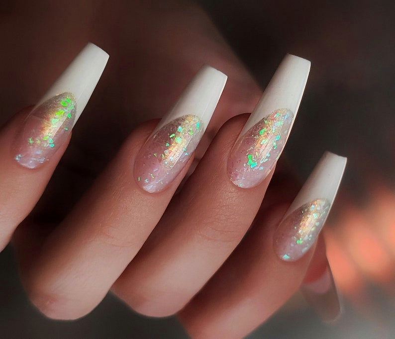 Long Coffin White French Press on Nails