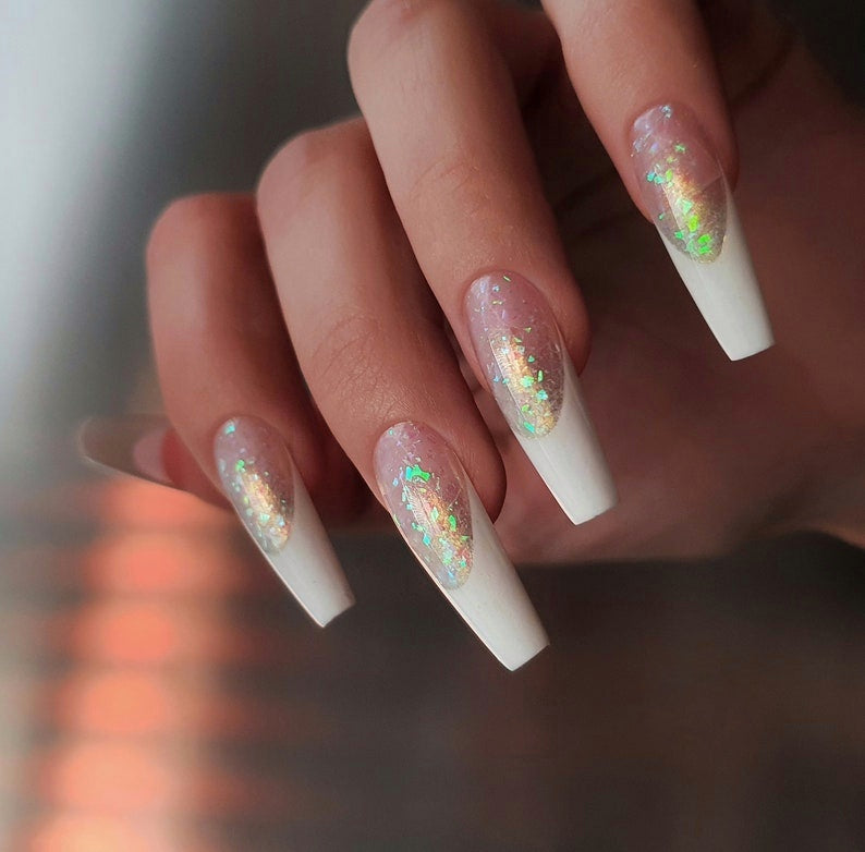 Long Coffin White French Press on Nails