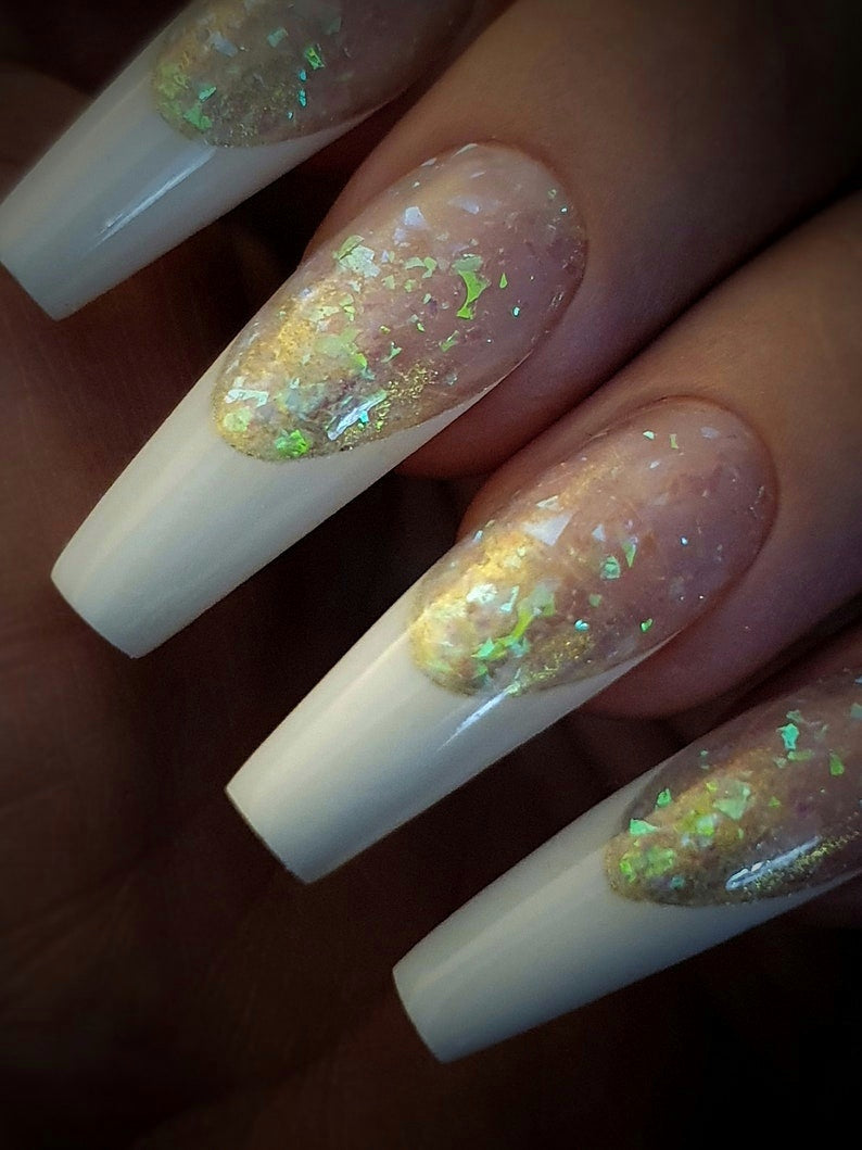 Long Coffin White French Press on Nails