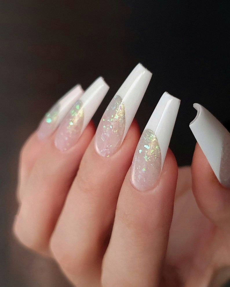 Long Coffin White French Press on Nails