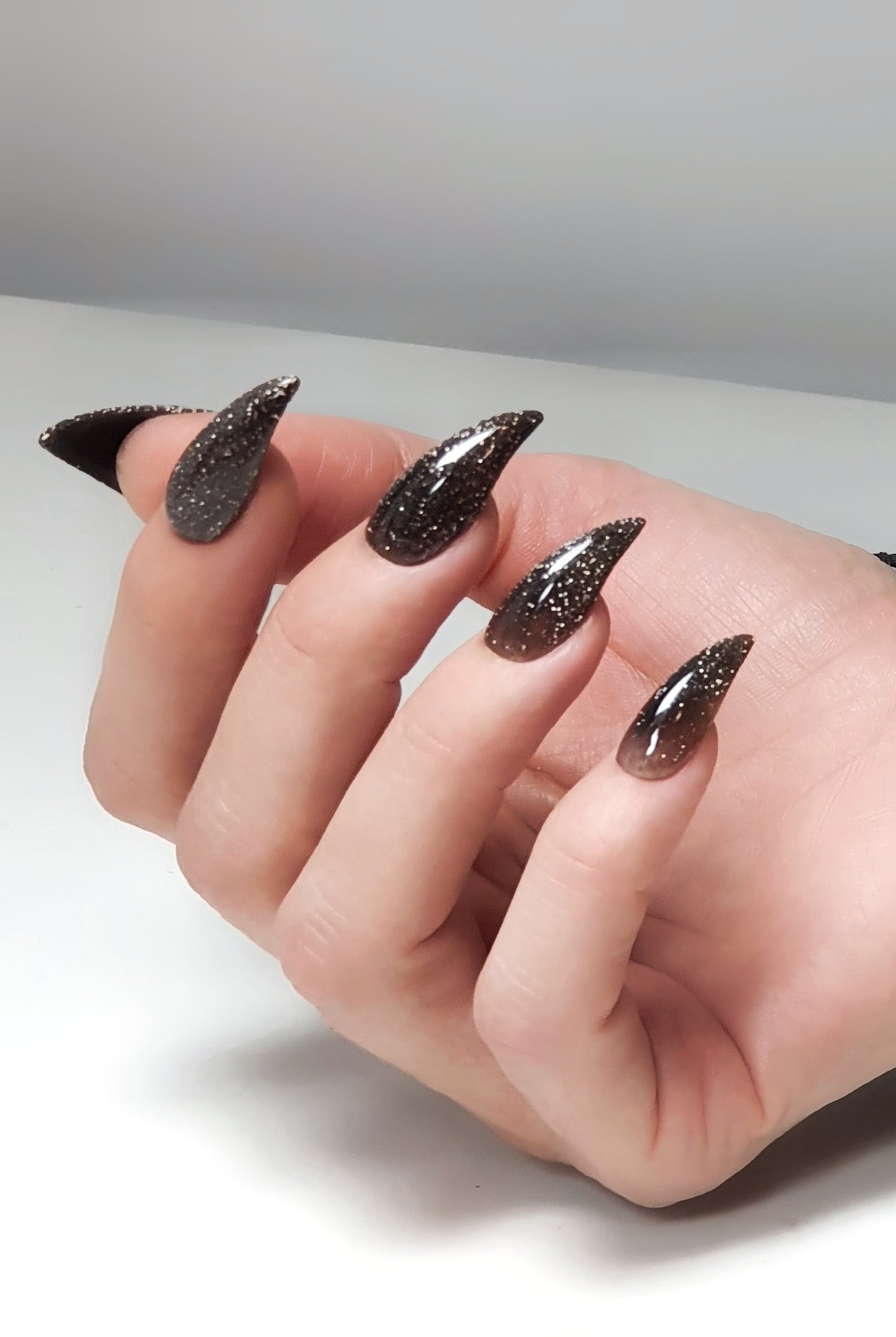 Shiny brown jelly stiletto nails Soft claws