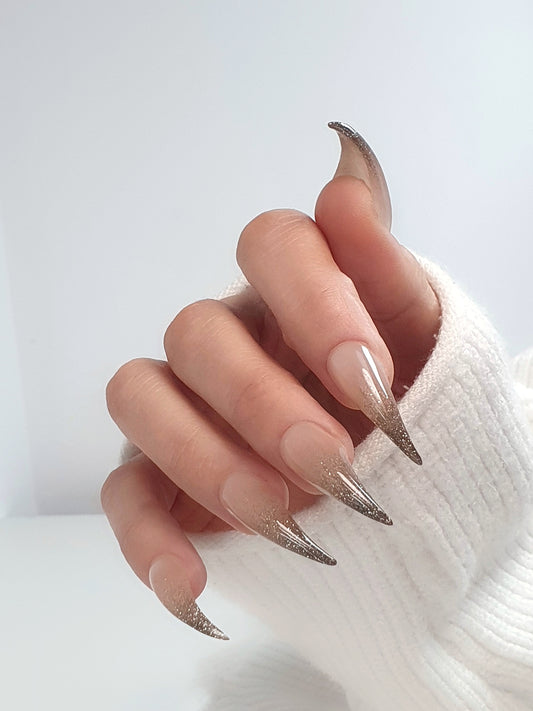 Beige Brown Ombre Long Claw Nails with Sparkling Tips