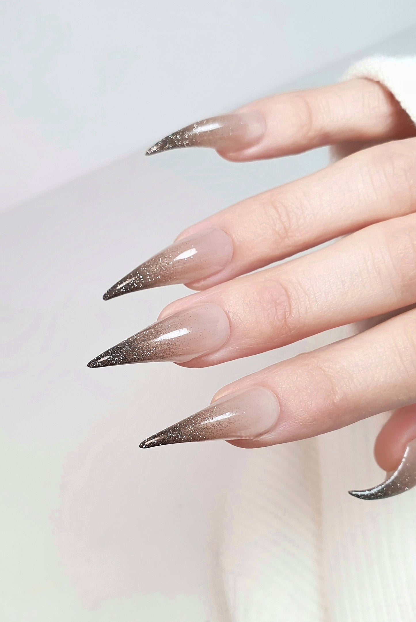 Beige Brown Ombre Long Claw Nails with Sparkling Tips