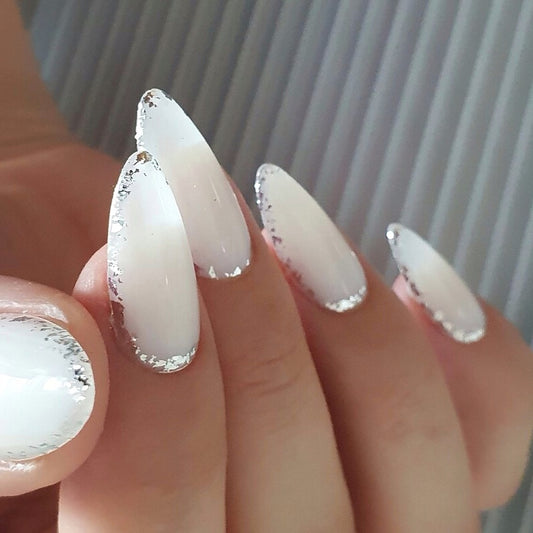 Milky White Press on nails with Silver Edging