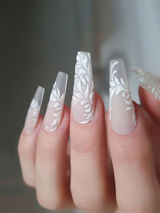 Wedding Nude Nails with 3D White Florals