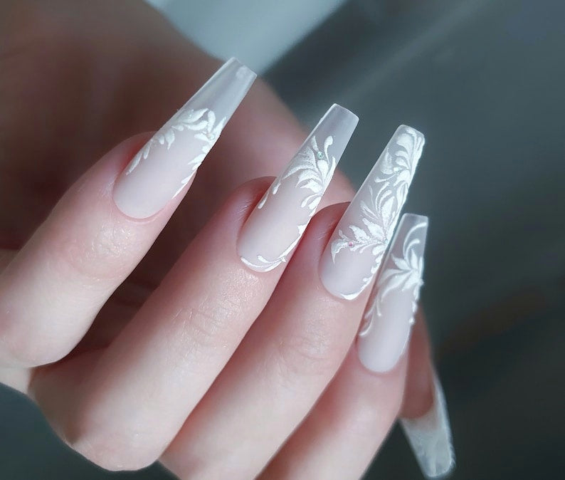 Wedding Nude Nails with 3D White Florals
