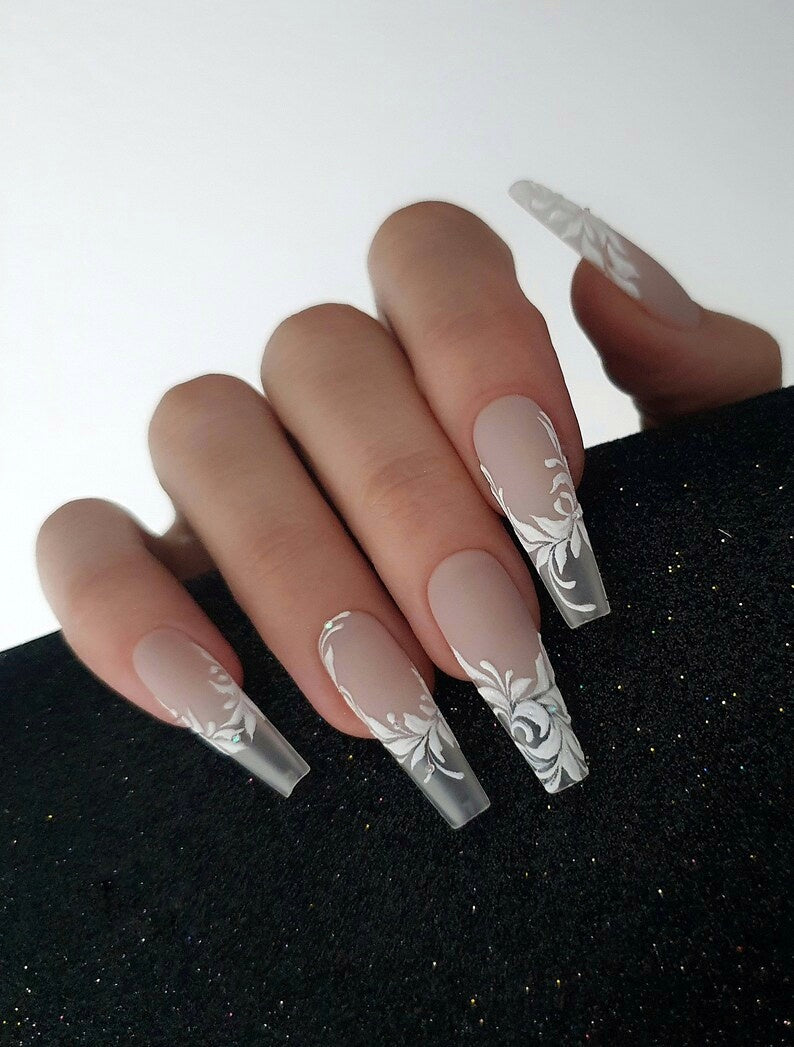 Wedding Nude Nails with 3D White Florals