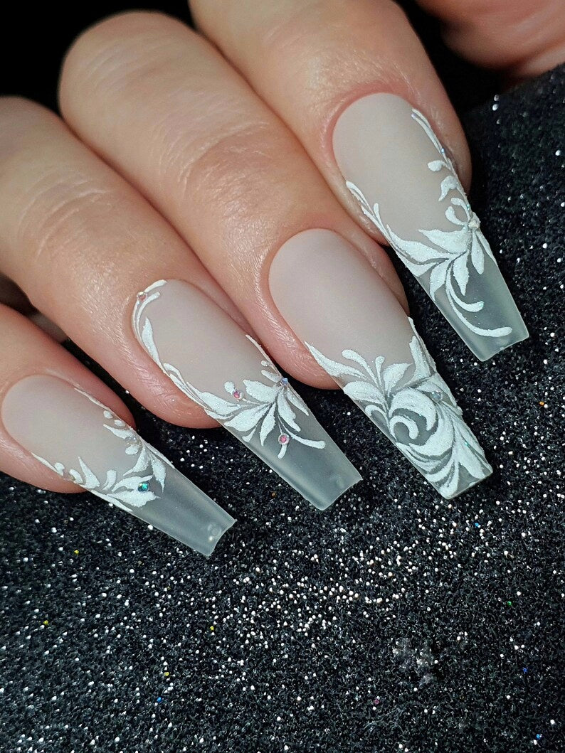 Wedding Nude Nails with 3D White Florals