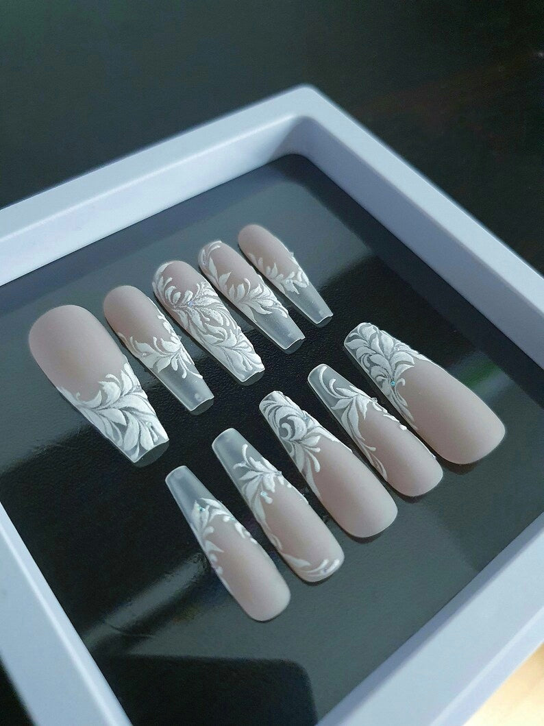 Wedding Nude Nails with 3D White Florals